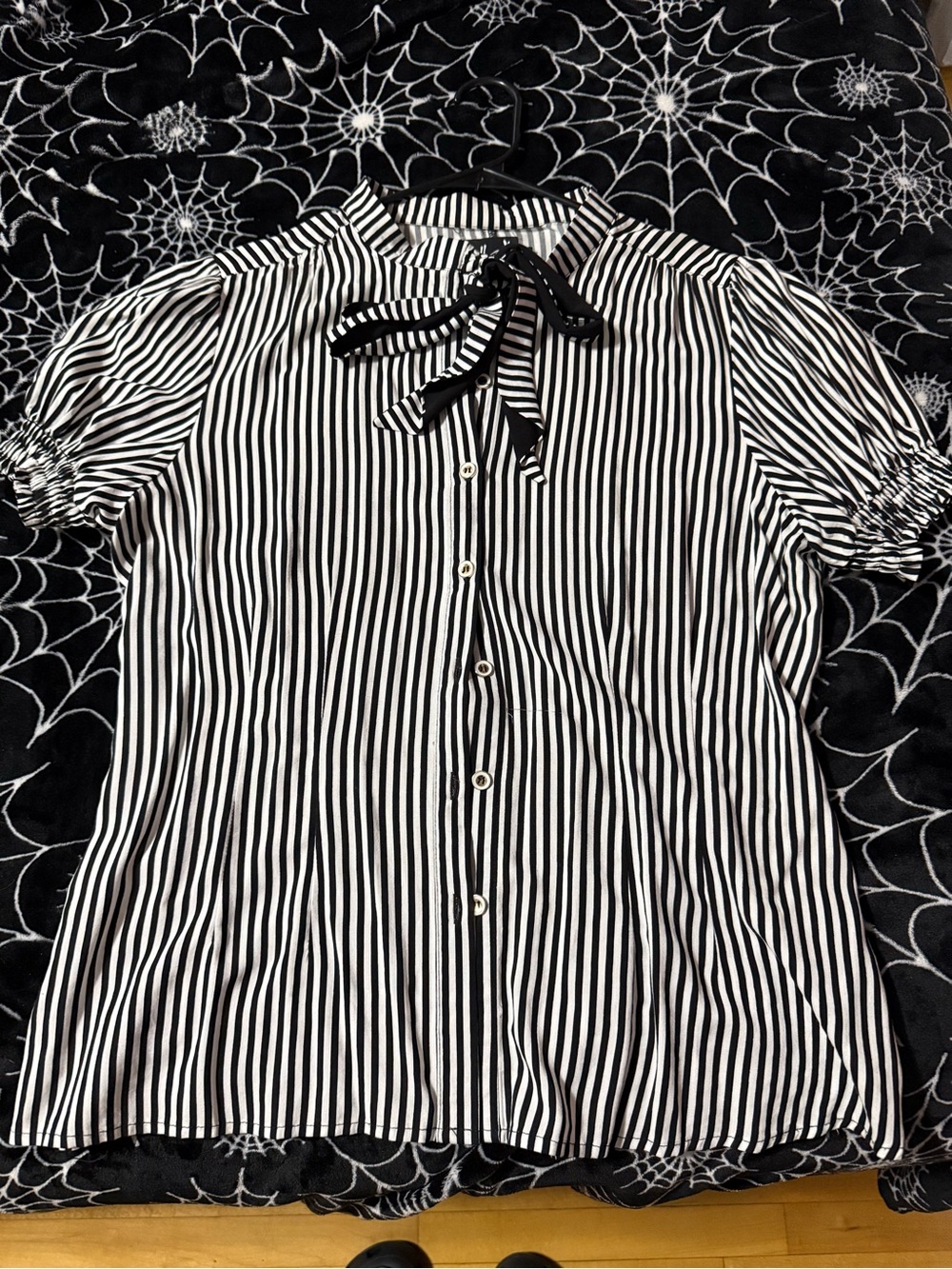 Hell Bunny Black and White Vertical Stripe Tie-Neck Button Shirt